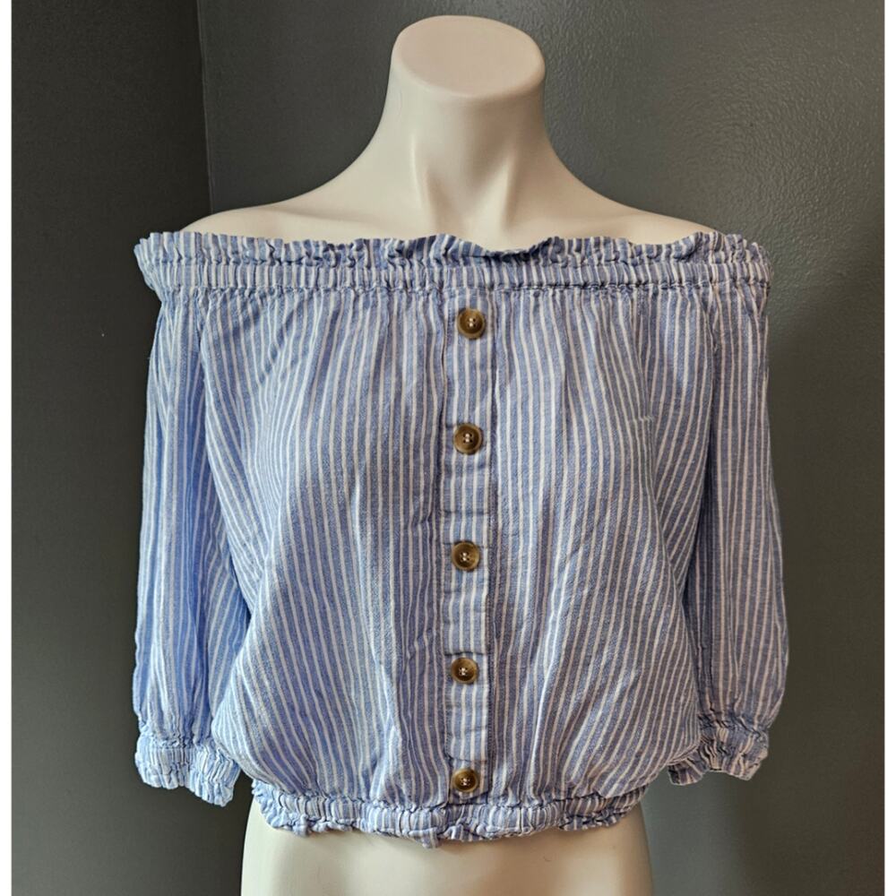 NY&CO Off the Shoulder Blue and White Ruffle Trim Crop Top Sz XS